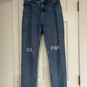 Monki Blue Denim 'GRL PWR' Slim Straight Jeans